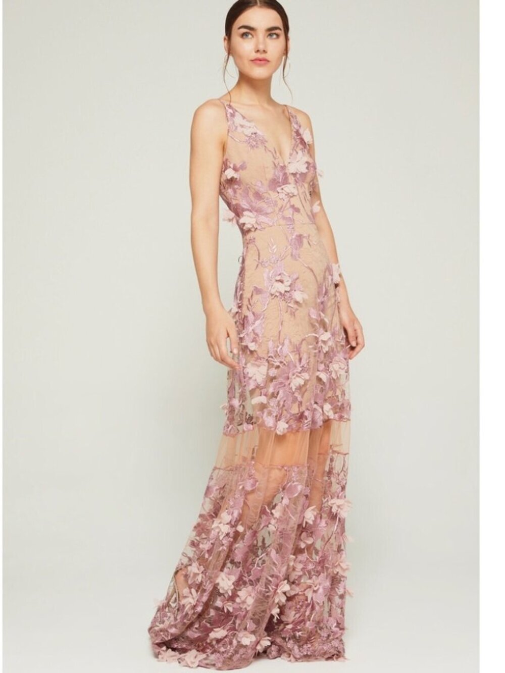 Dress the Population Sidney 3D Floral A-Line Gown in Lilac/Nude. Sz: M